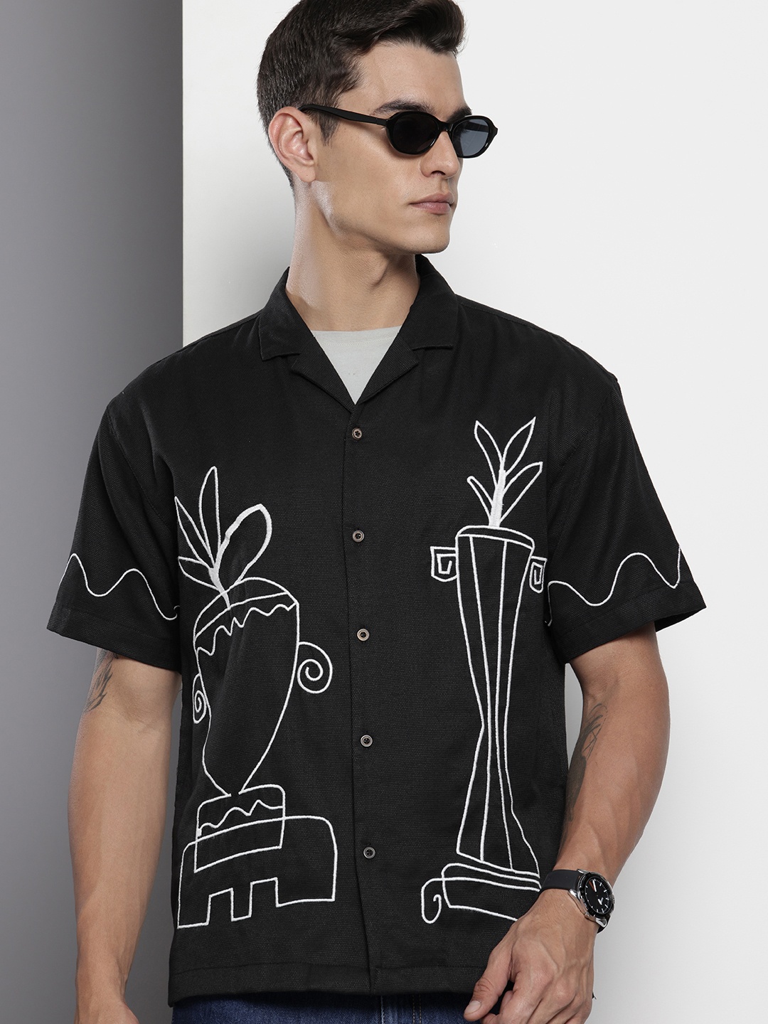 

The Indian Garage Co Floral Embroidered Pure Cotton Casual Shirt, Black