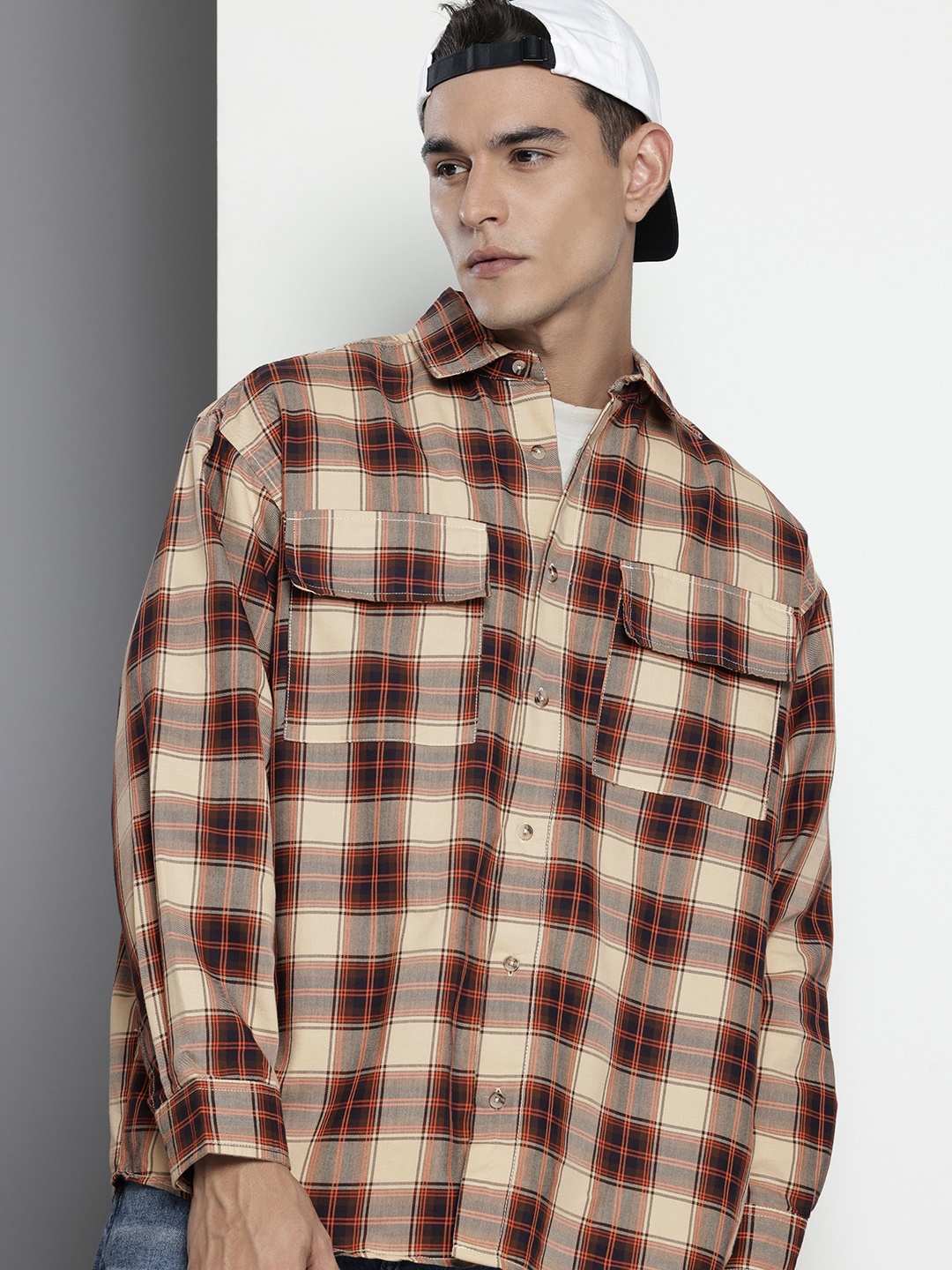 

The Indian Garage Co Tartan Checks Drop-Shoulder Sleeves Oversized Casual Shirt, Beige