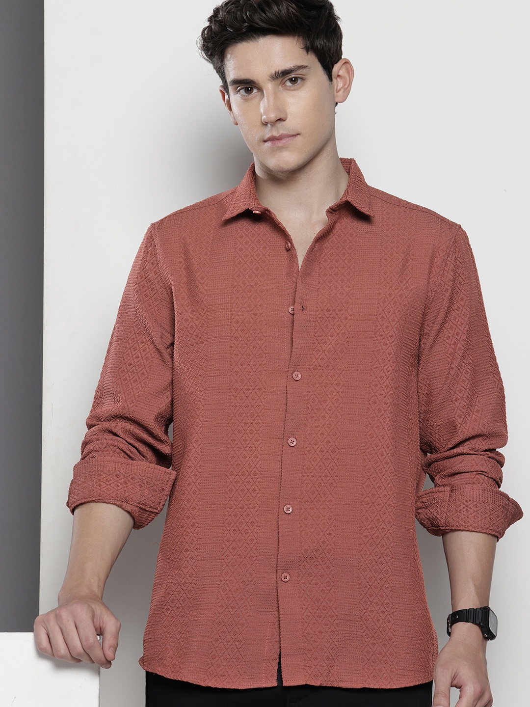 

The Indian Garage Co Self Design Opaque Casual Shirt, Rust