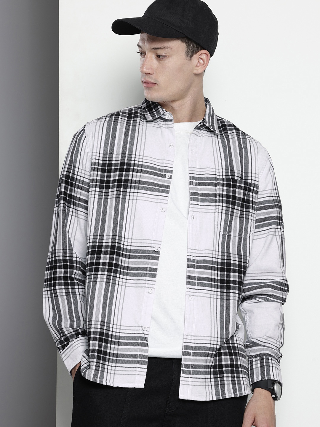 

The Indian Garage Co Pure Cotton Tartan Checks Corduroy Casual Shirt, White