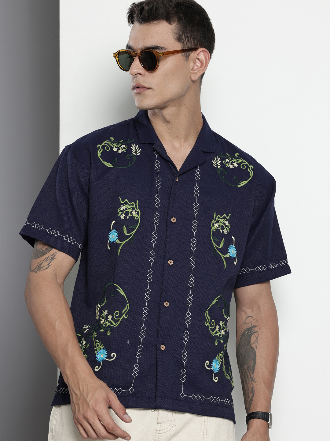 

The Indian Garage Co. Relaxed Fit Opaque Floral Embroidered Pure Cotton Casual Shirt, Blue