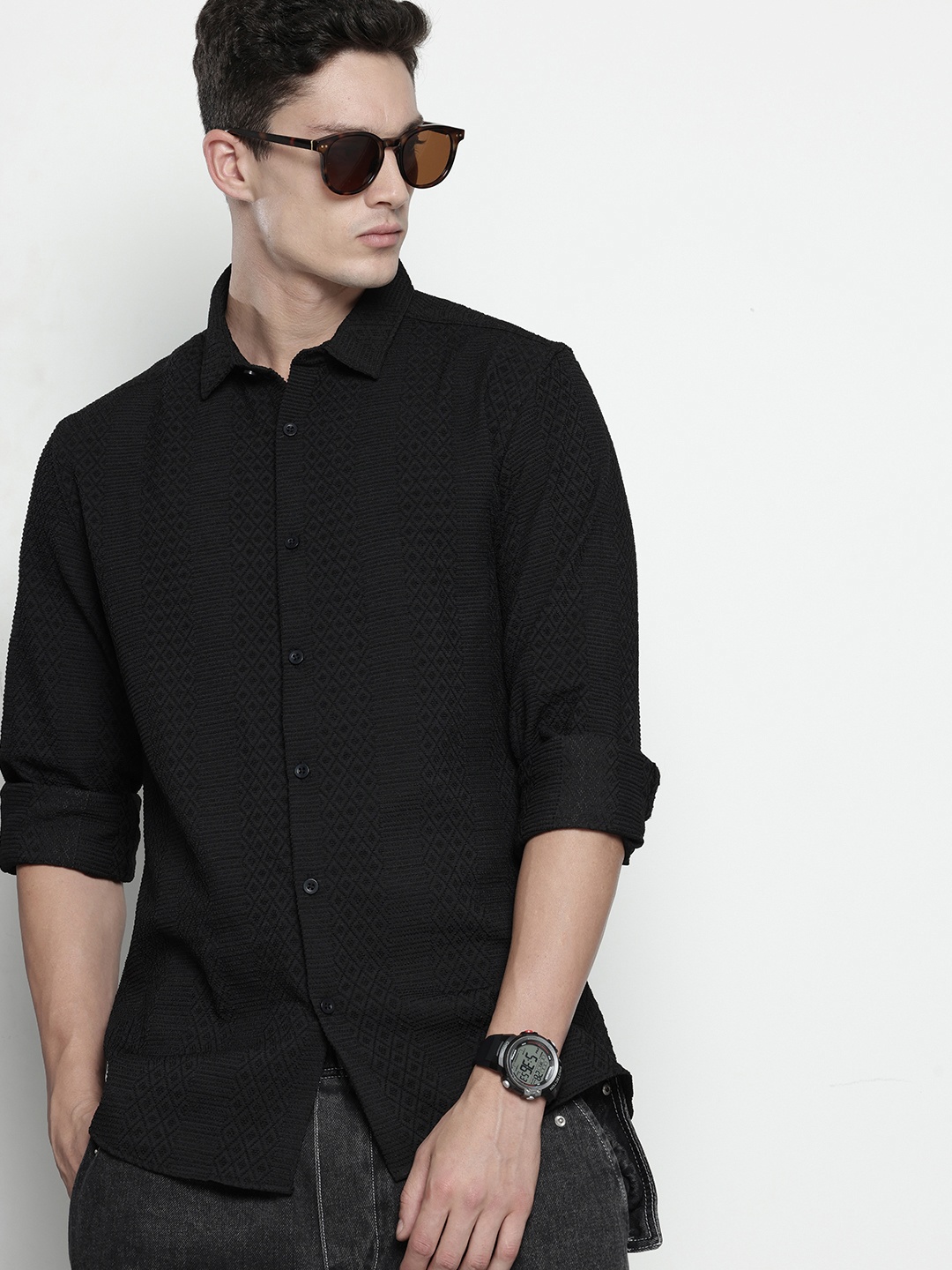 

The Indian Garage Co. Self Design Textured Casual Shirt, Black