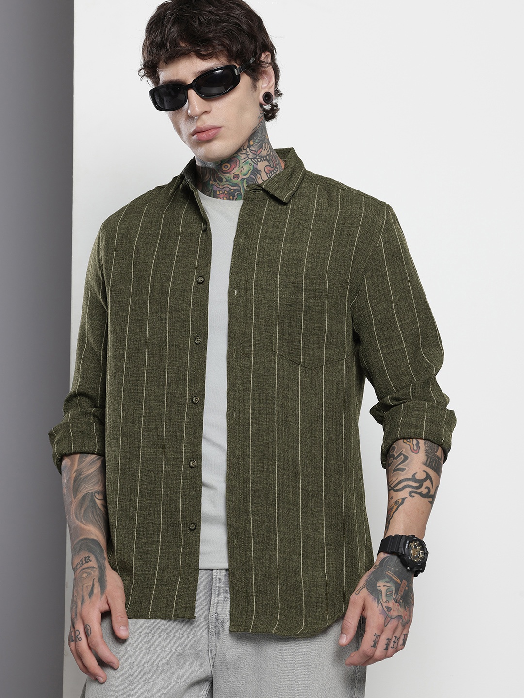 

The Indian Garage Co Slim Fit Striped Casual Shirt, Olive
