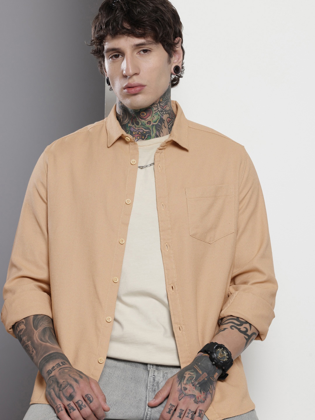 

The Indian Garage Co Textured Self Design Pure Cotton Casual Shirt, Beige