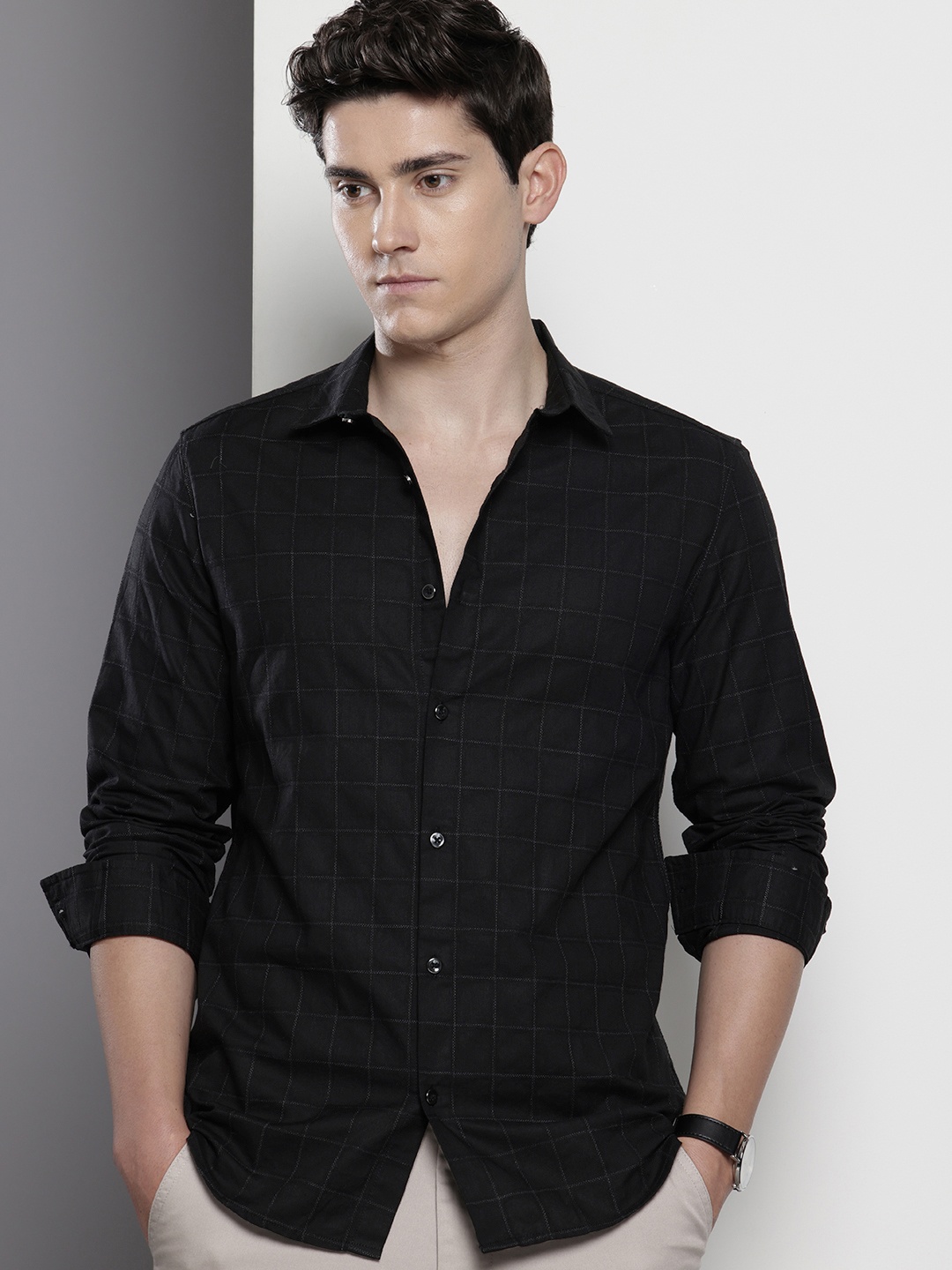 

The Indian Garage Co Slim Fit Opaque Checked Casual Shirt, Black