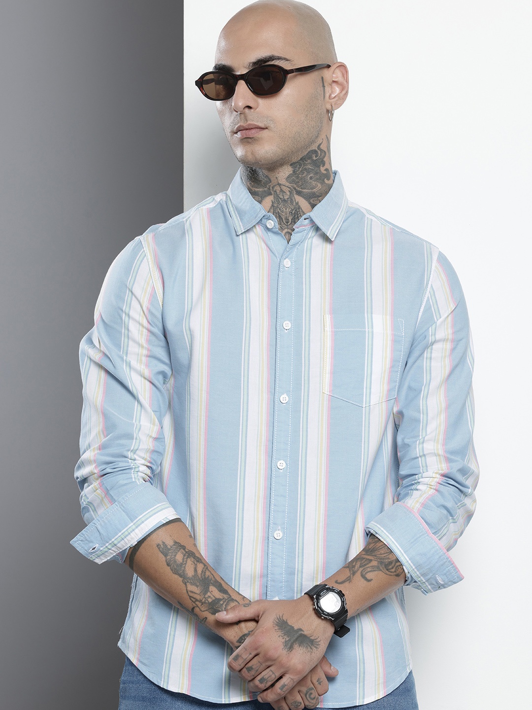 

The Indian Garage Co Pure Cotton Slim Fit Opaque Striped Casual Shirt, Blue