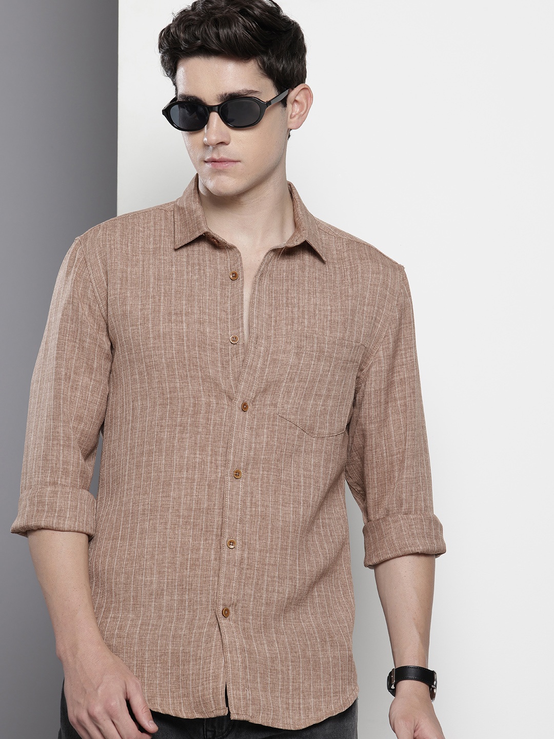 

The Indian Garage Co Slim Fit Opaque Striped Casual Shirt, Brown