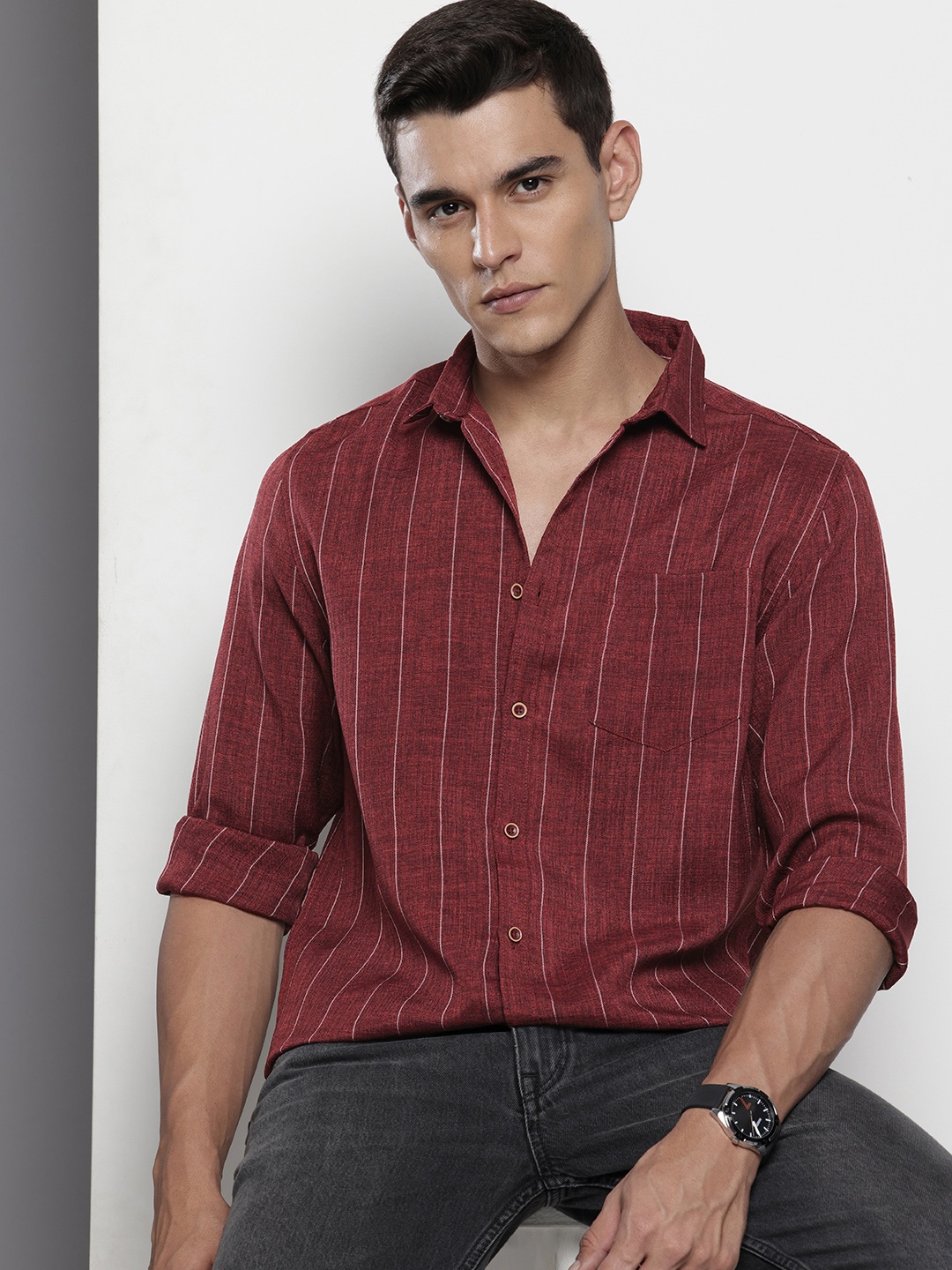 

The Indian Garage Co Slim Fit Striped Casual Shirt, Maroon