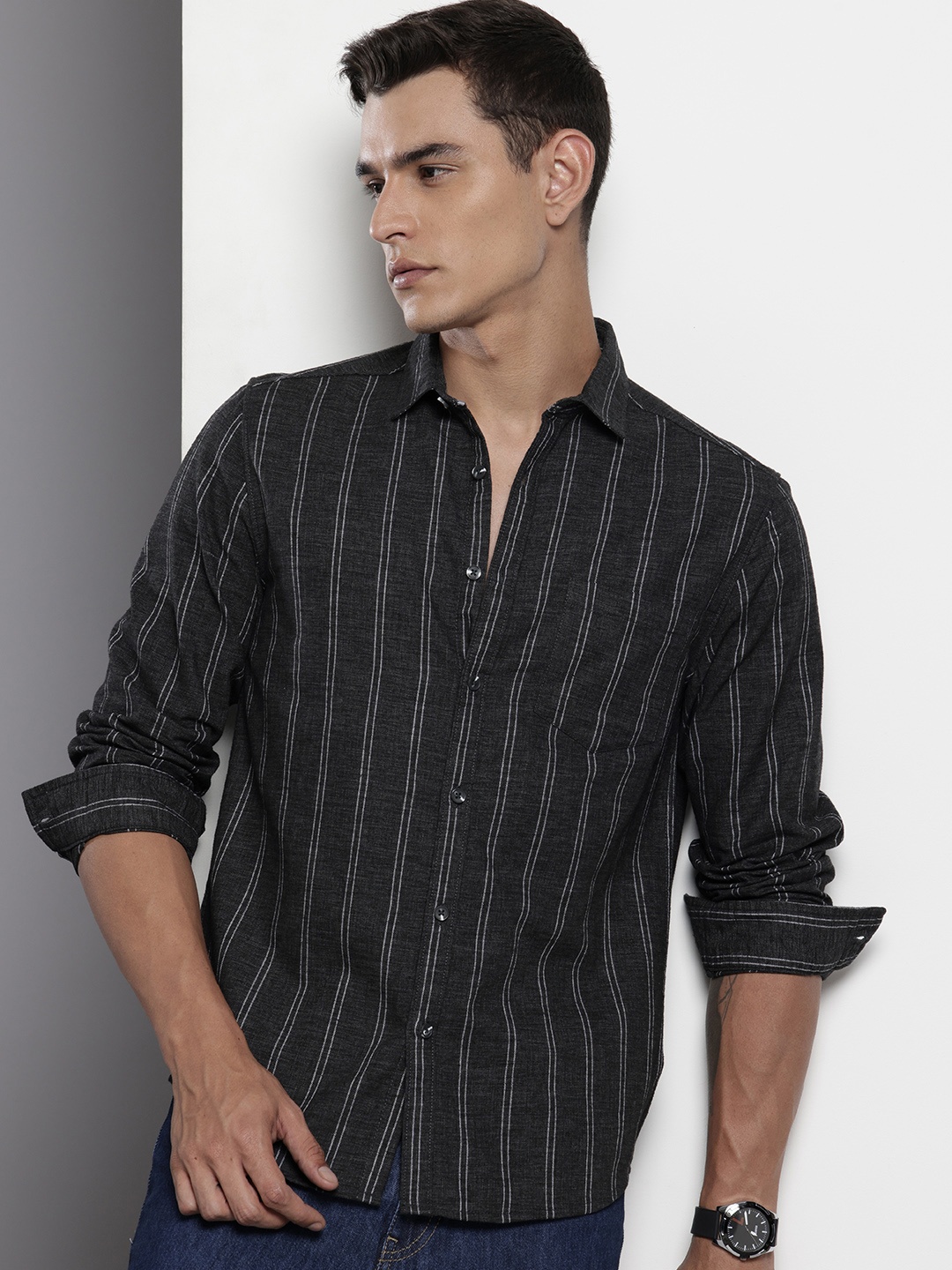 

The Indian Garage Co Slim Fit Striped Casual Shirt, Charcoal