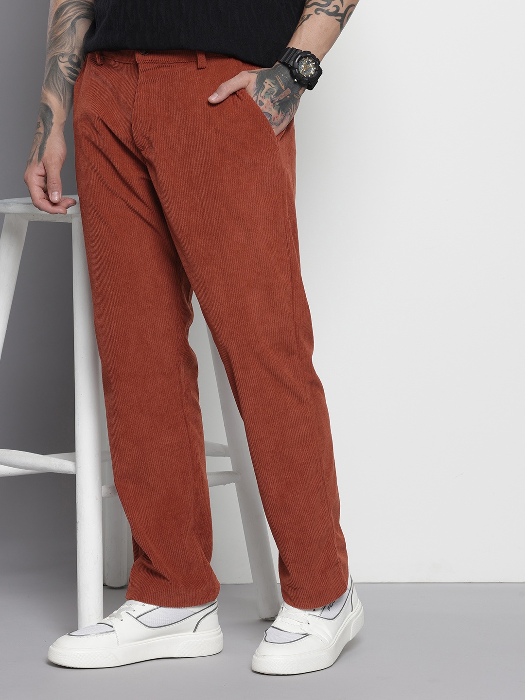 

The Indian Garage Co Men Straight Fit Corduroy Chinos Trousers, Rust