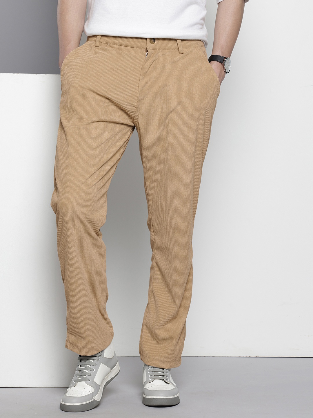 

The Indian Garage Co Men Corduroy Textured Straight Fit Trousers, Khaki