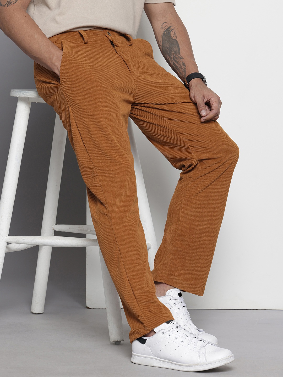 

The Indian Garage Co Men Straight Fit Corduroy Trousers, Rust
