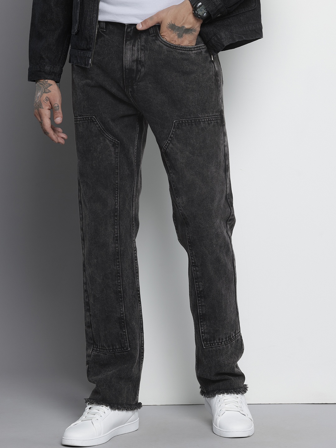 

The Indian Garage Co Men Pure Cotton Vintage Straight Fit Light Fade Jeans, Black