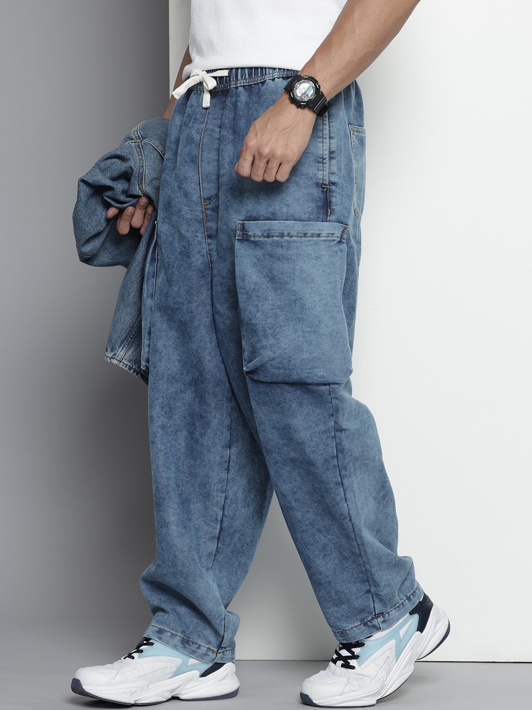 

The Indian Garage Co Men Heavy Fade Baggy Cargo Jeans, Blue