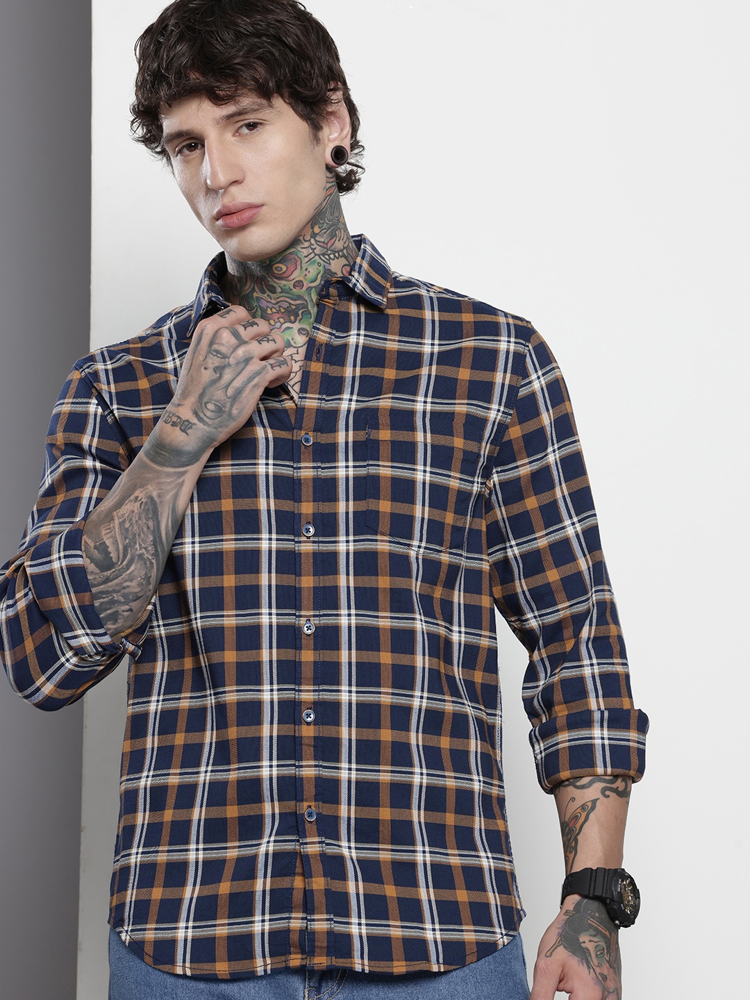 

The Indian Garage Co Slim Fit Checked Casual Shirt, Navy blue