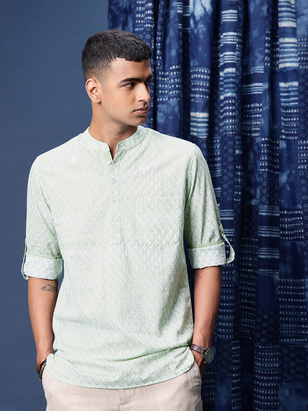 

Taavi Floral Block Printed Band Collar Pure Cotton Straight Short Kurta, Green