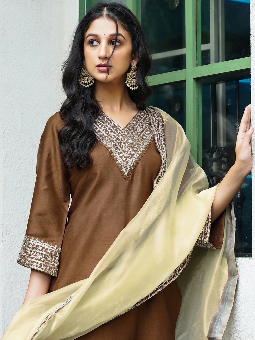 

KALINI Women Ethnic Motifs Embroidered Regular Sequinned Kurta with Trousers & With Dupatta, Mustard