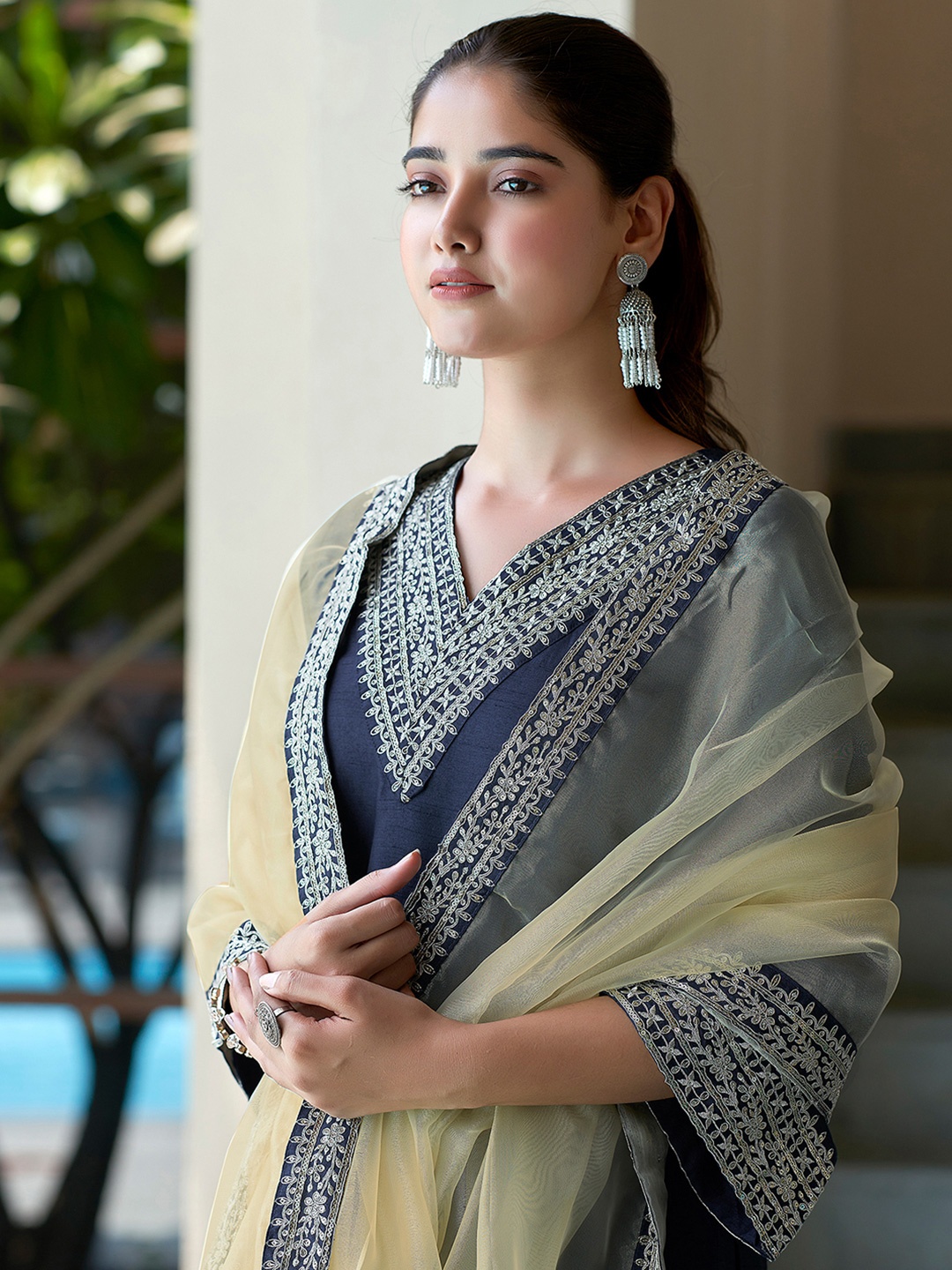 

KALINI Women Ethnic Motifs Embroidered Regular Kurta with Trousers & With Dupatta, Navy blue