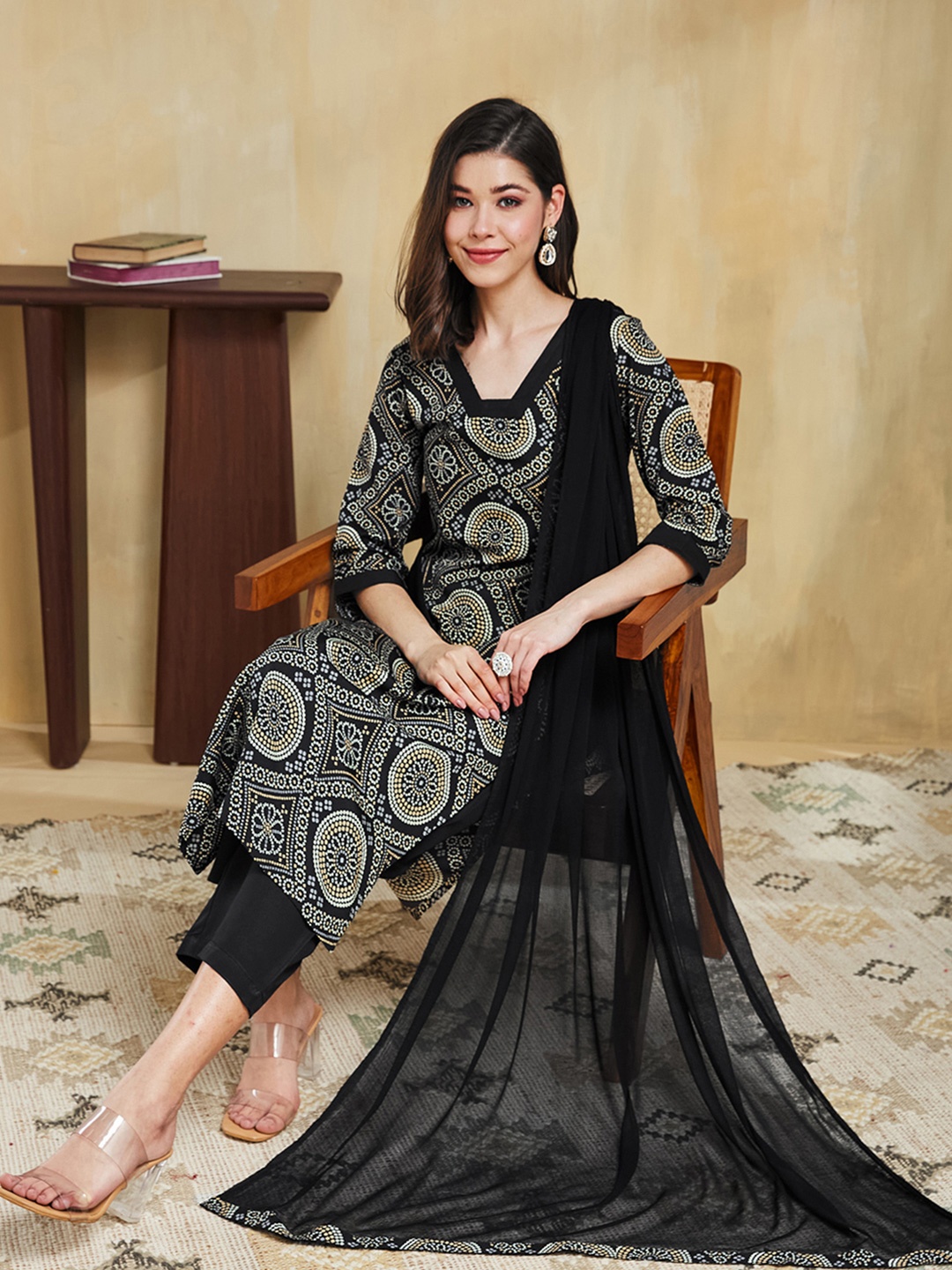 

KALINI Women Bandhani Printed Regular Silk Crepe Kurta with Trousers & With Dupatta, Black