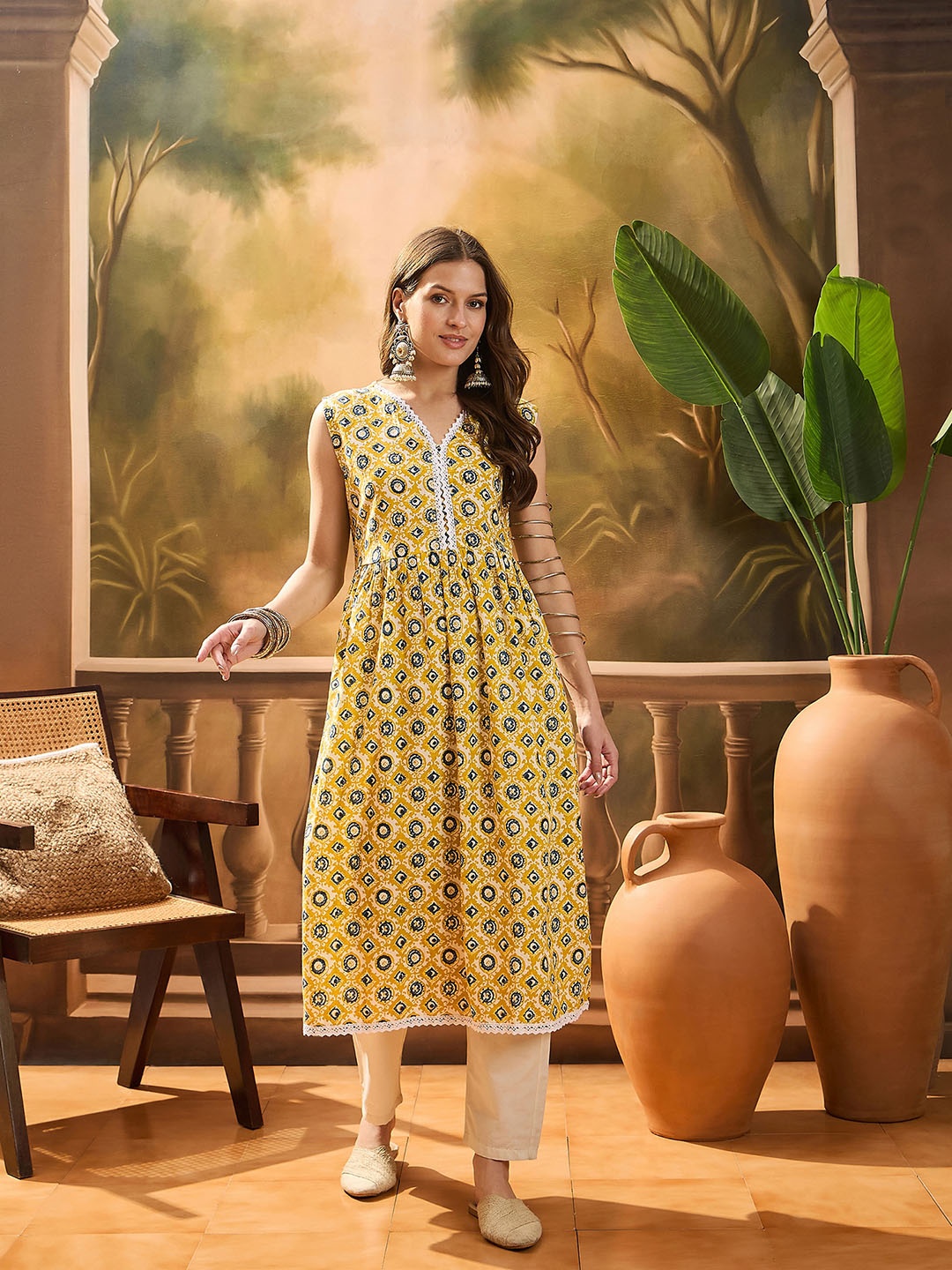 

Sangria Women's Geometric Printed Cotton Pleated Kurta, Yellow