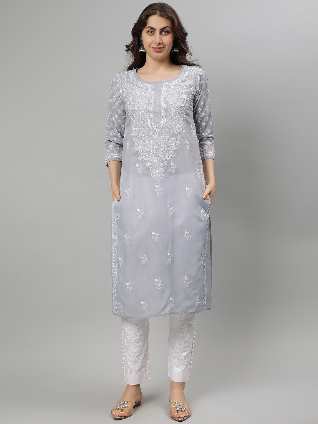 

Seva Chikan Floral Embroidered Notch Neck Lucknowi Chikankari Straight Kurta, Grey