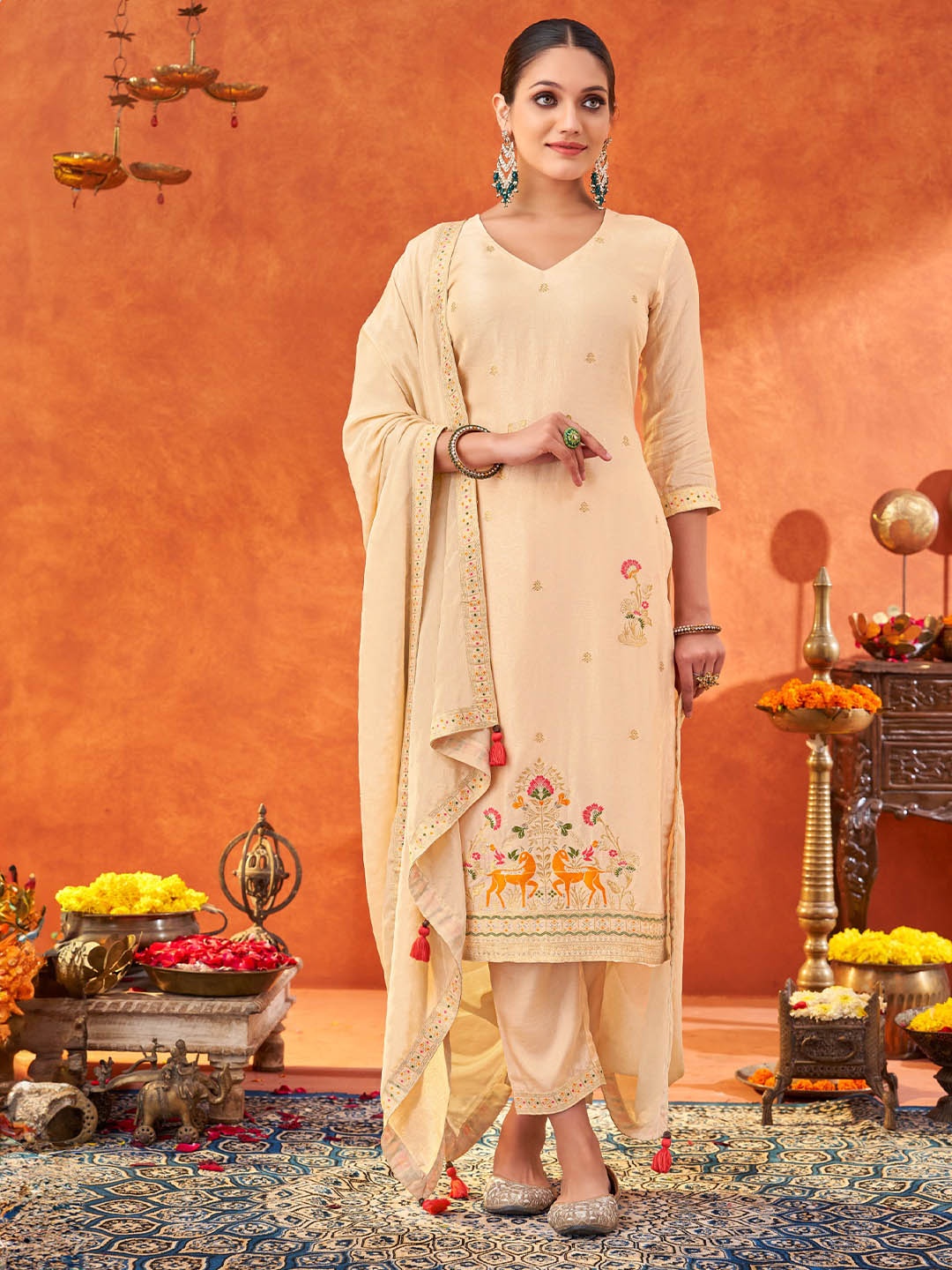 

Shaily Women Woven V Neck Ethnic Kurta with Trousers & Dupatta, Cream