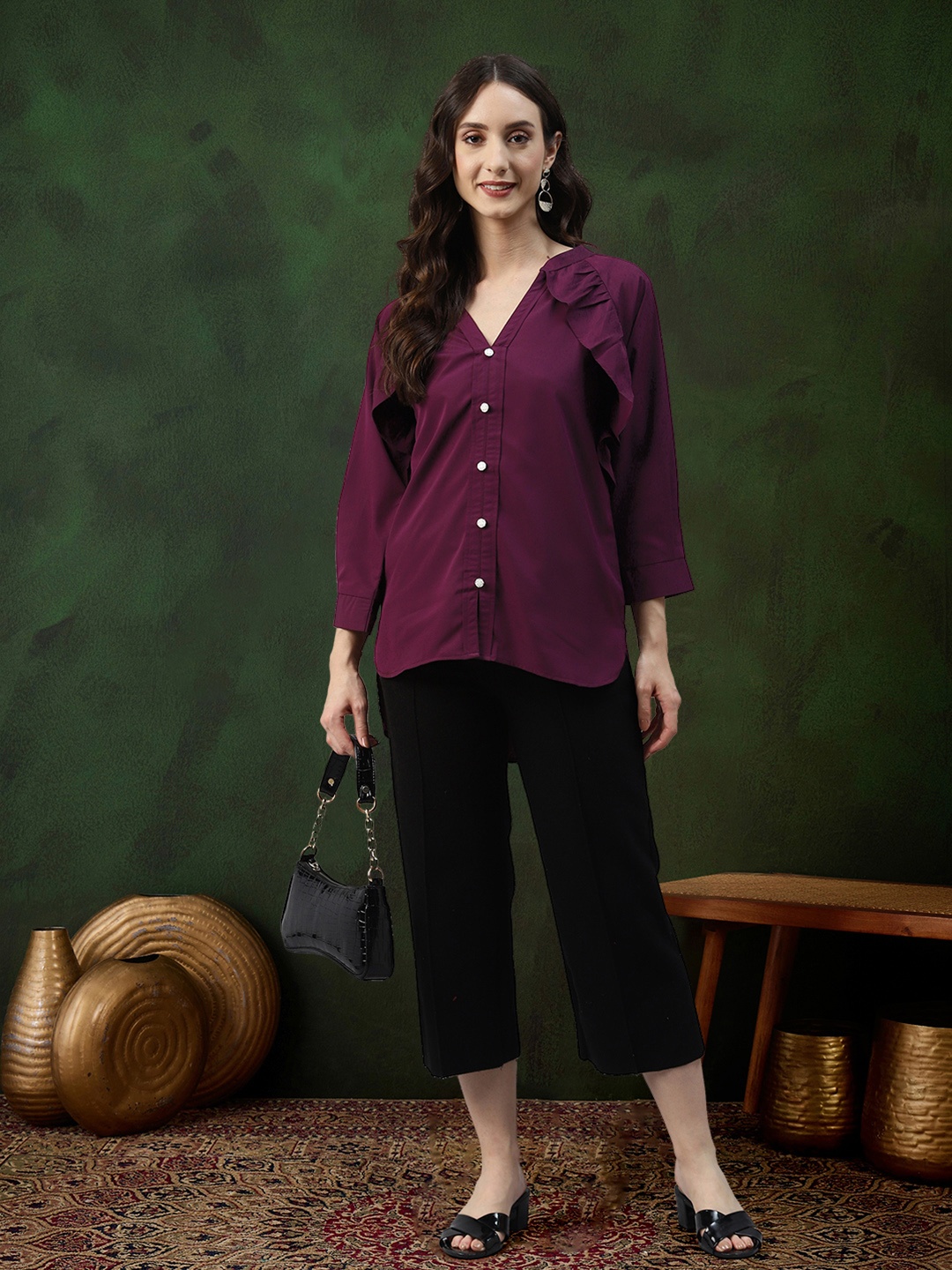 

Sangria Wine Crepe Solid Ruffled Straight Top, Purple