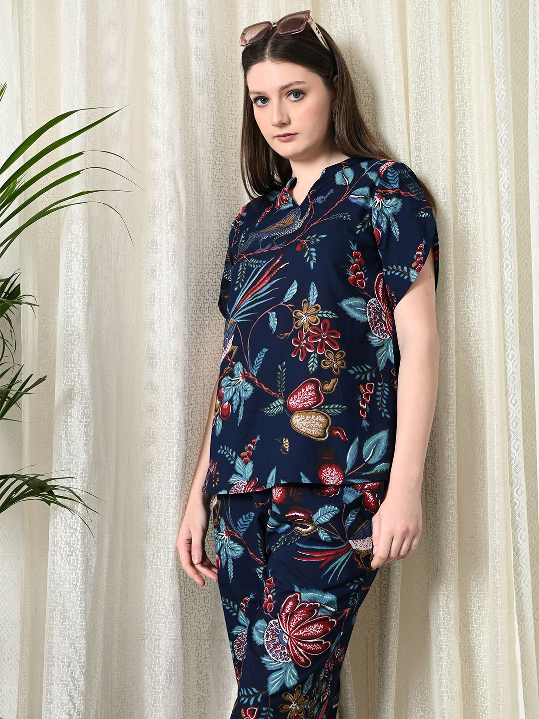 

Vaimiya Printed Mandarin Collar Pure Cotton Tunic With Trouser, Navy blue