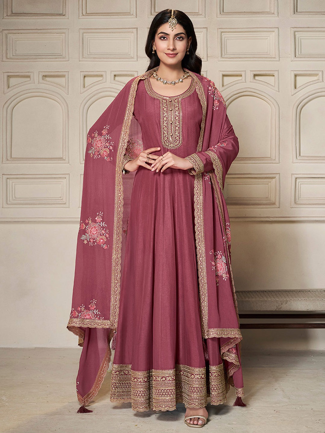 

Seerat Floral Yoke Design Fit and Flare Silk Ethnic Dress With Dupatta, Pink