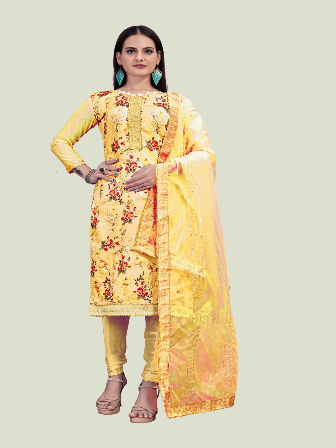 

HERE&NOW Floral Printed Gotta Patti Unstitched Dress Material, Yellow