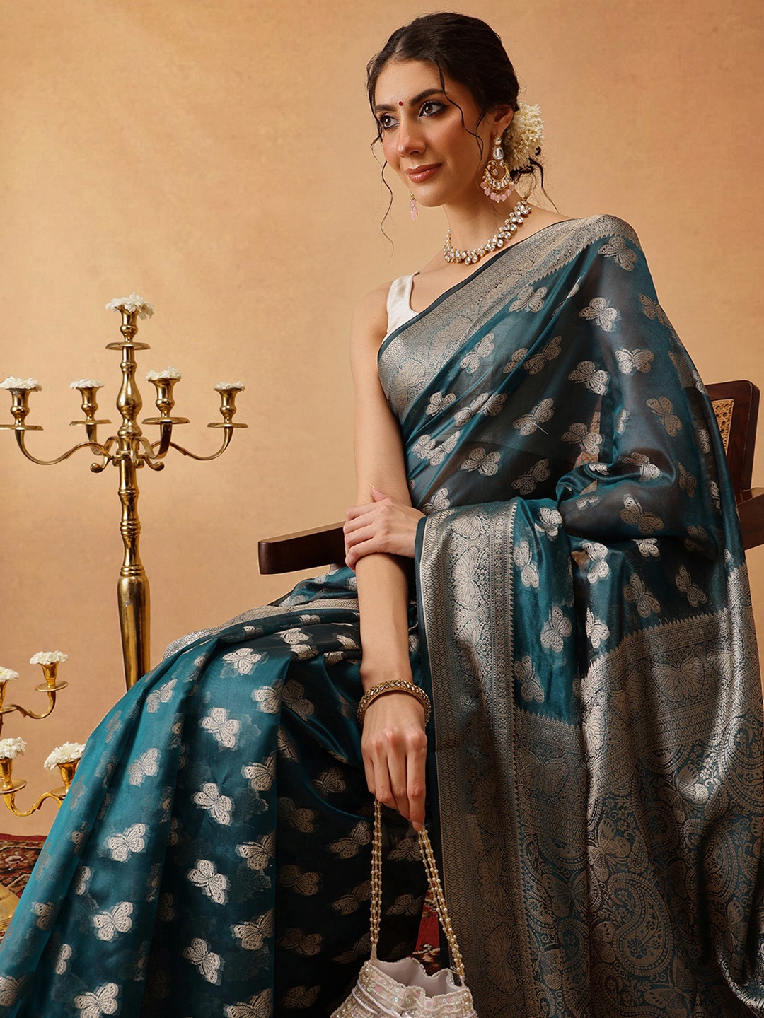 

DIVASTRI Woven Design Zari Organza Banarasi Saree, Teal