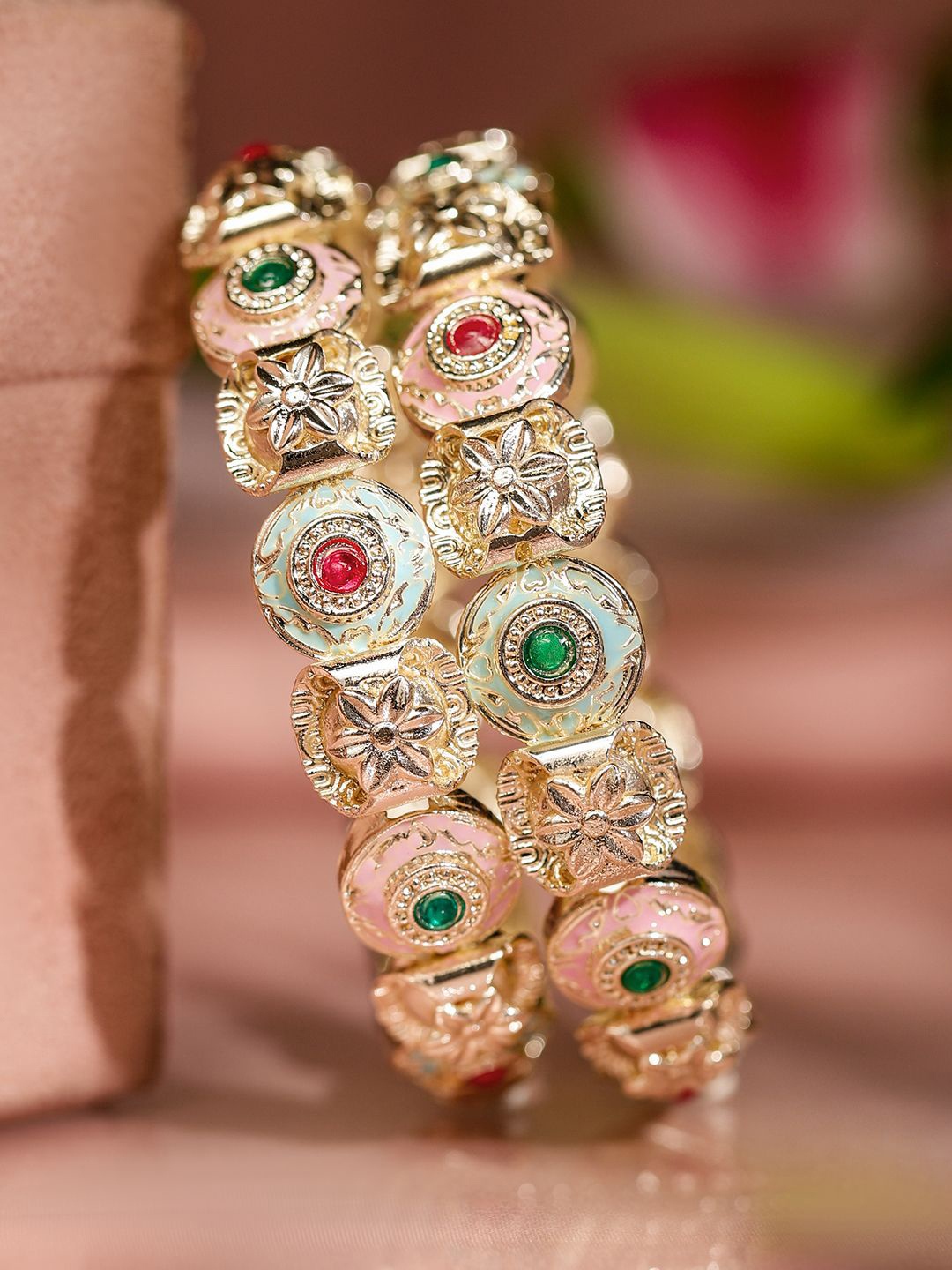 

Rubans Set of 2 18K Gold Plated Enamel & Stone Studded Floral Bangles