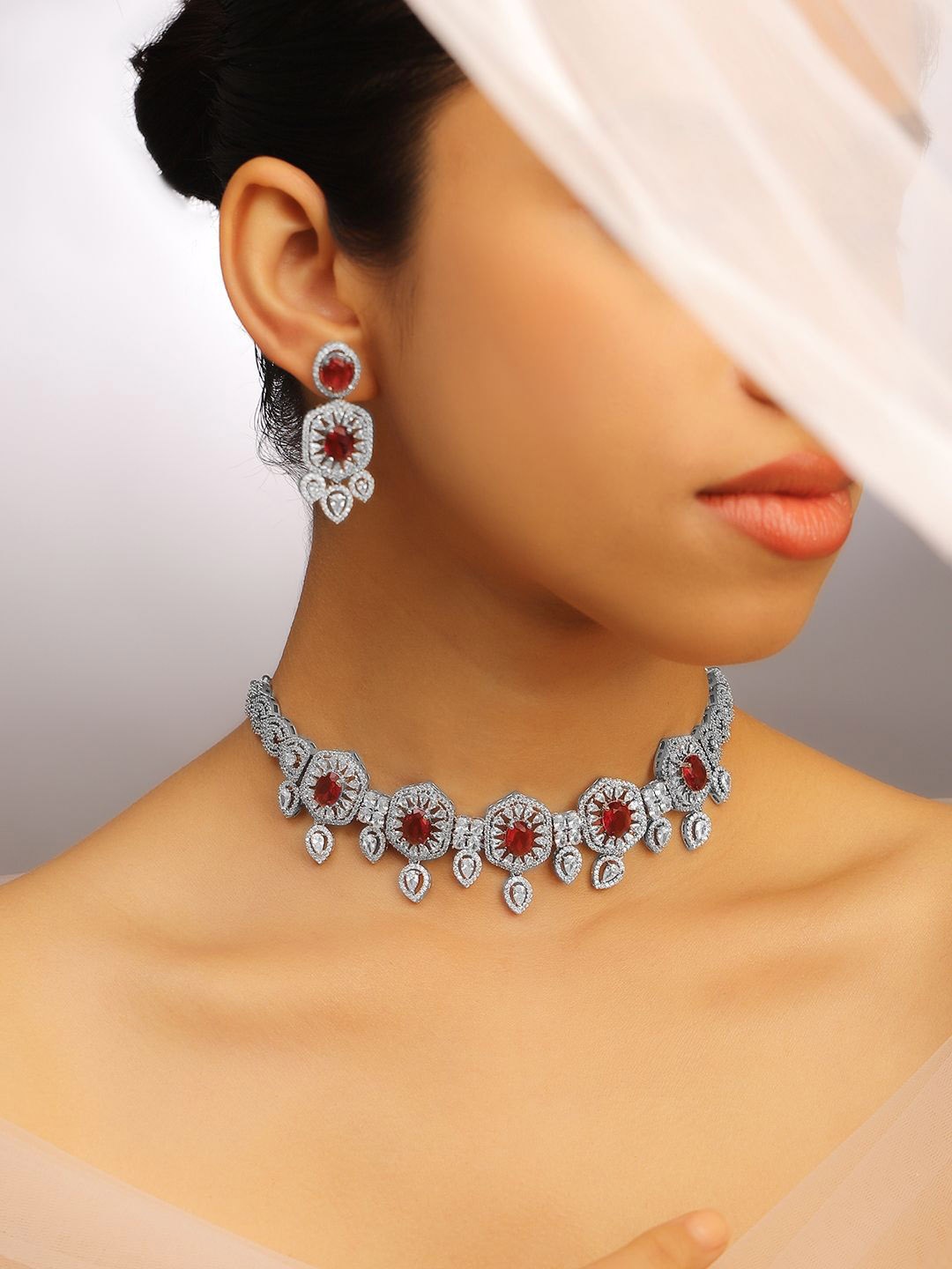 

Rubans Rhodium Plated Ruby & Cubic Zirconia Studded Luxe Choker Jewelry Set, Silver