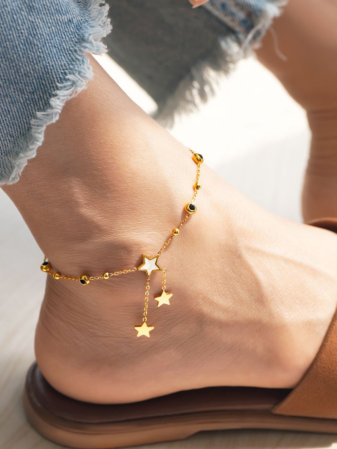 

Rubans 18K Gold Plated Stainless Steel TarnishFree Waterproof Stars Charm Anklet