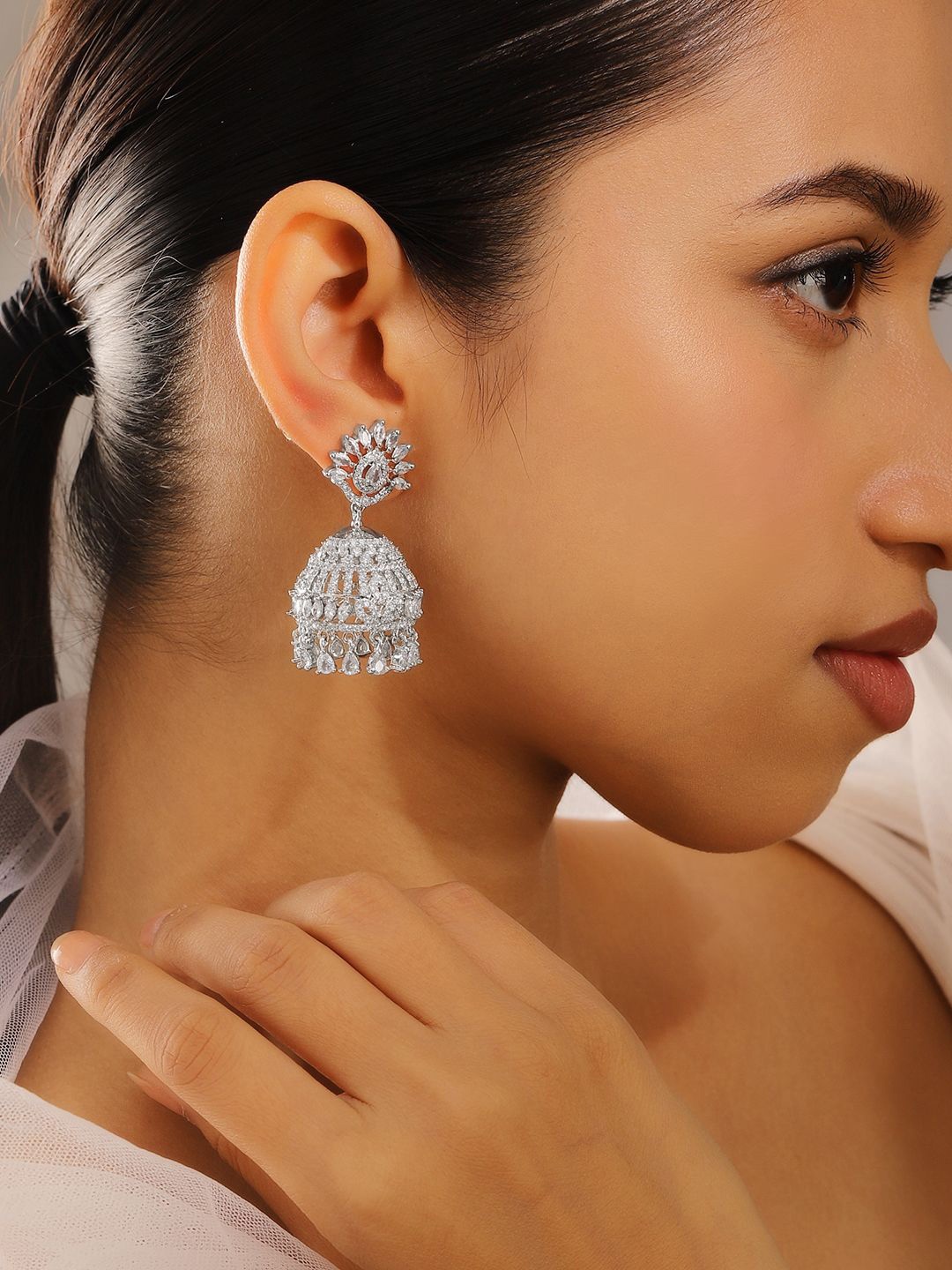 

Rubans Rhodium Plated Cubic Zirconia Studded Dome Shaped Statement Jhumkas, Silver
