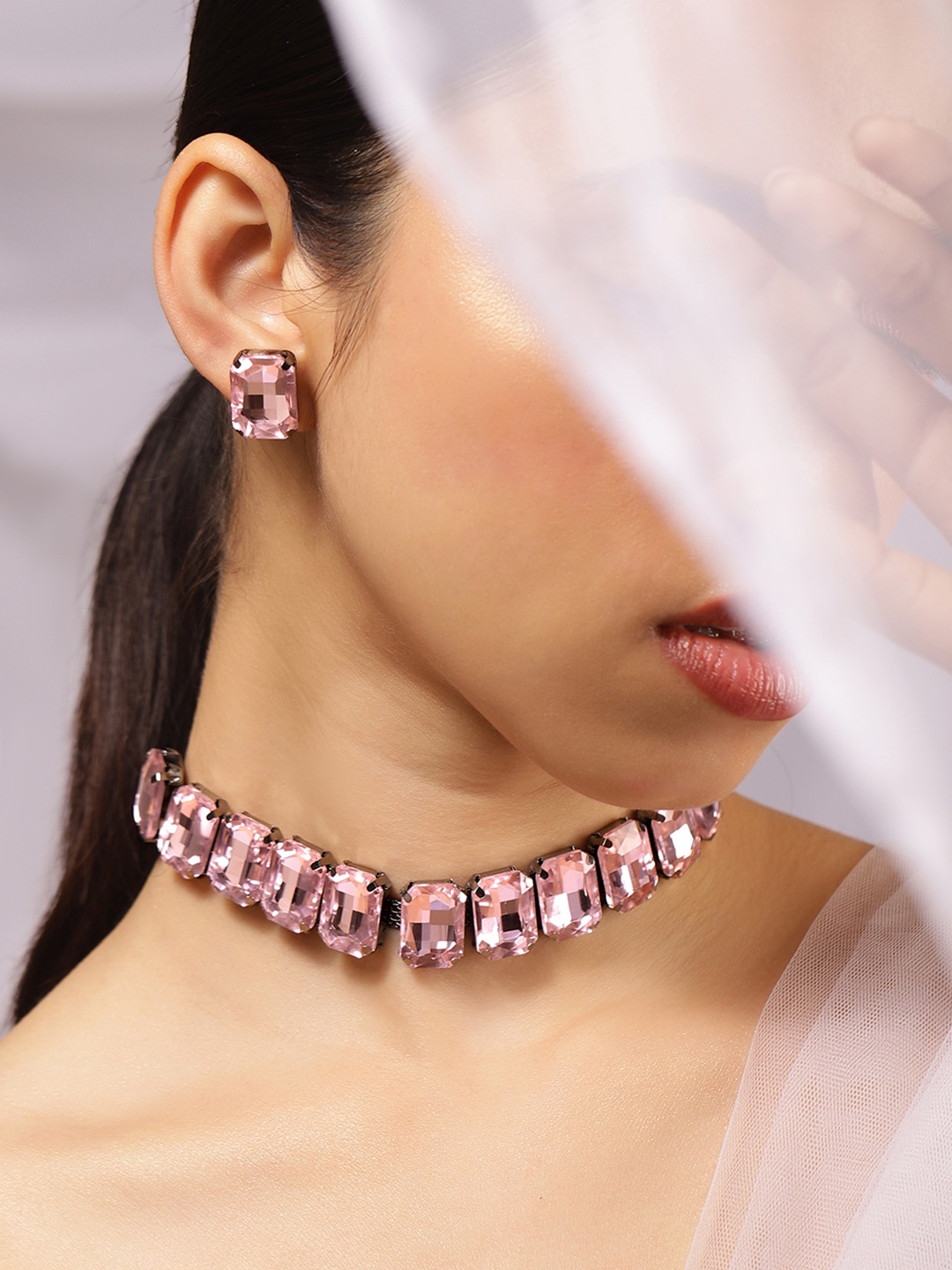 

Rubans Rhodium Plated Pastel Pink Crystal Cubic Zirconia Studded Choker Set, Silver