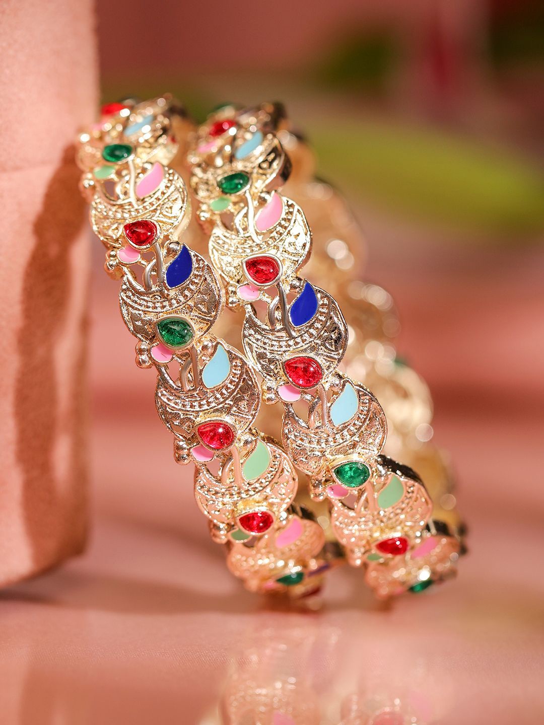

Rubans Set of 2 18K Gold-Plated Multicolor Enamel & Zirconia Stone Crescent Motif Bangles