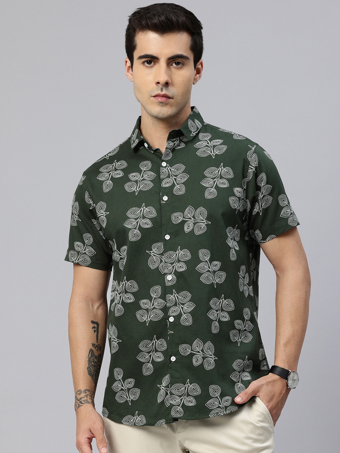 

Majestic Man Men Classic Slim Fit Floral Printed Pure Cotton Casual Shirt, Green