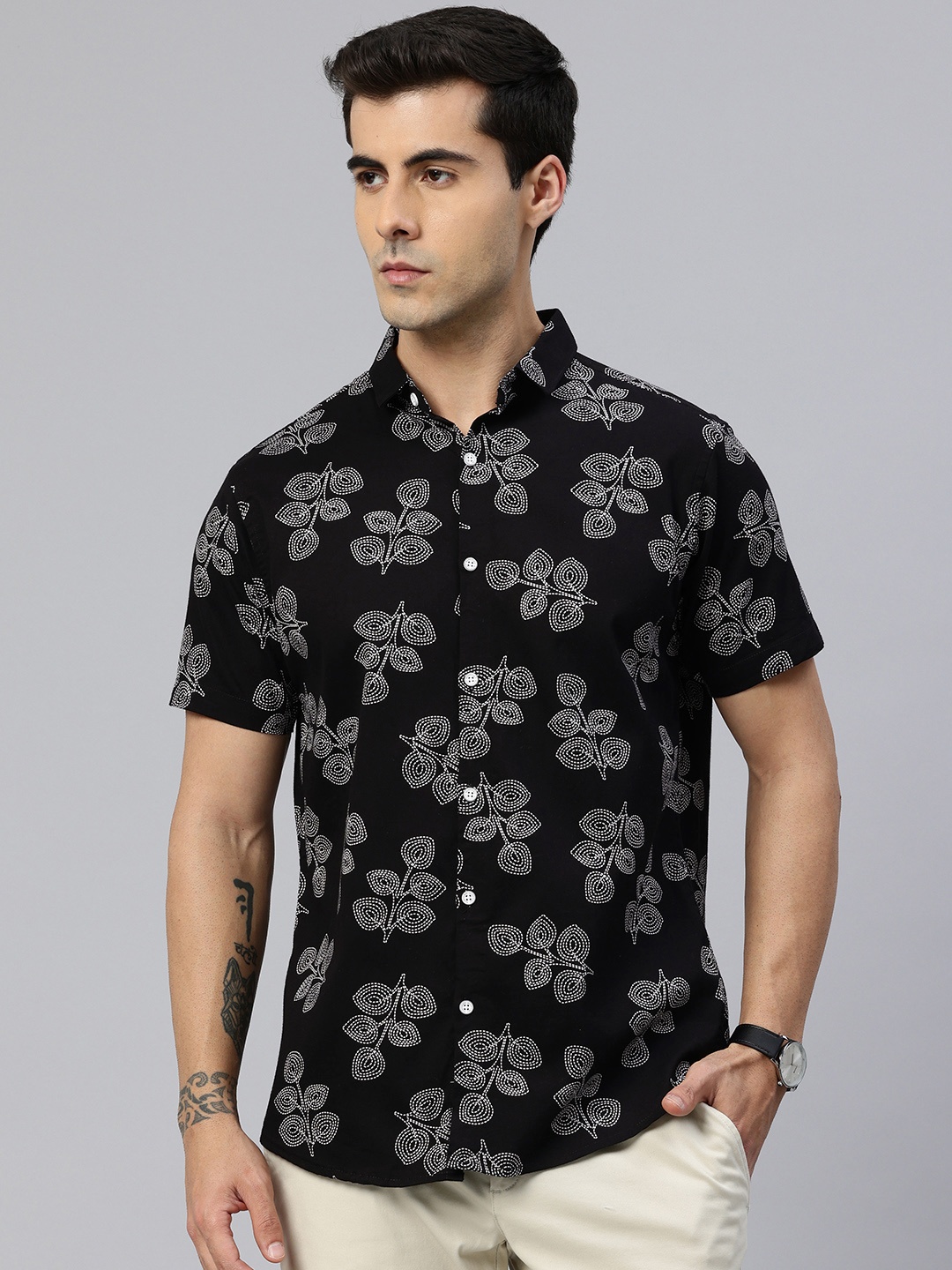 

Majestic Man Men Classic Slim Fit Floral Printed Pure Cotton Casual Shirt, Black