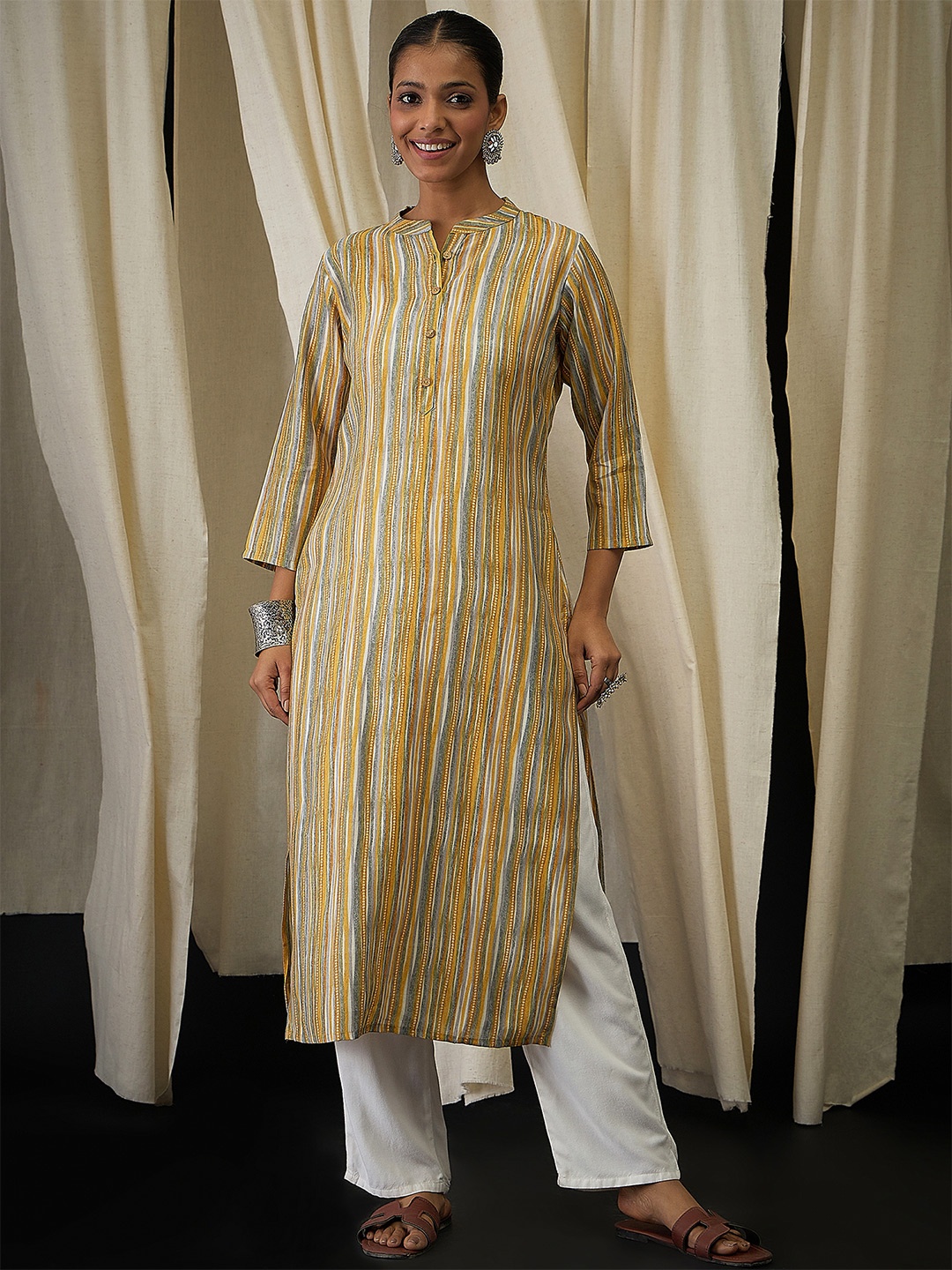 

Anouk Striped Mandarin Collar Thread Work Straight Kurta, Yellow