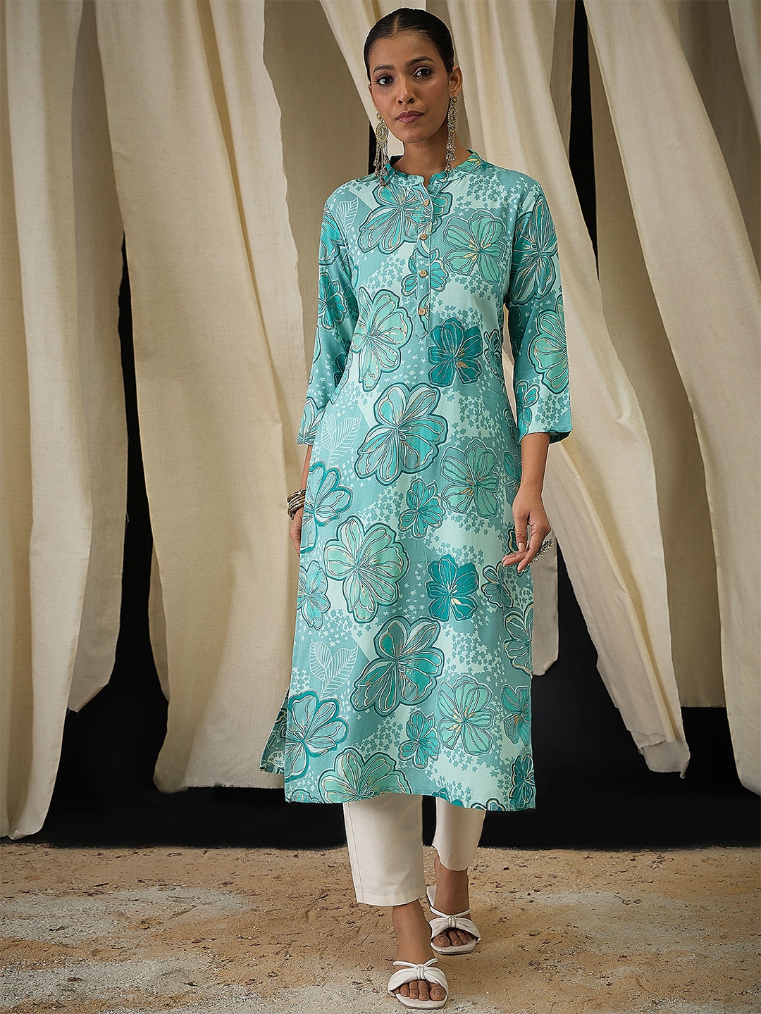 

Anouk Floral Printed Mandarin Collar Straight Kurta, Turquoise blue