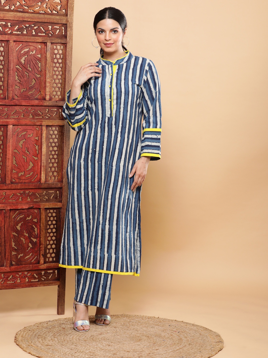 

BohoJazz Indigo Stripe with Yellow Pop Kurta Pant, Blue