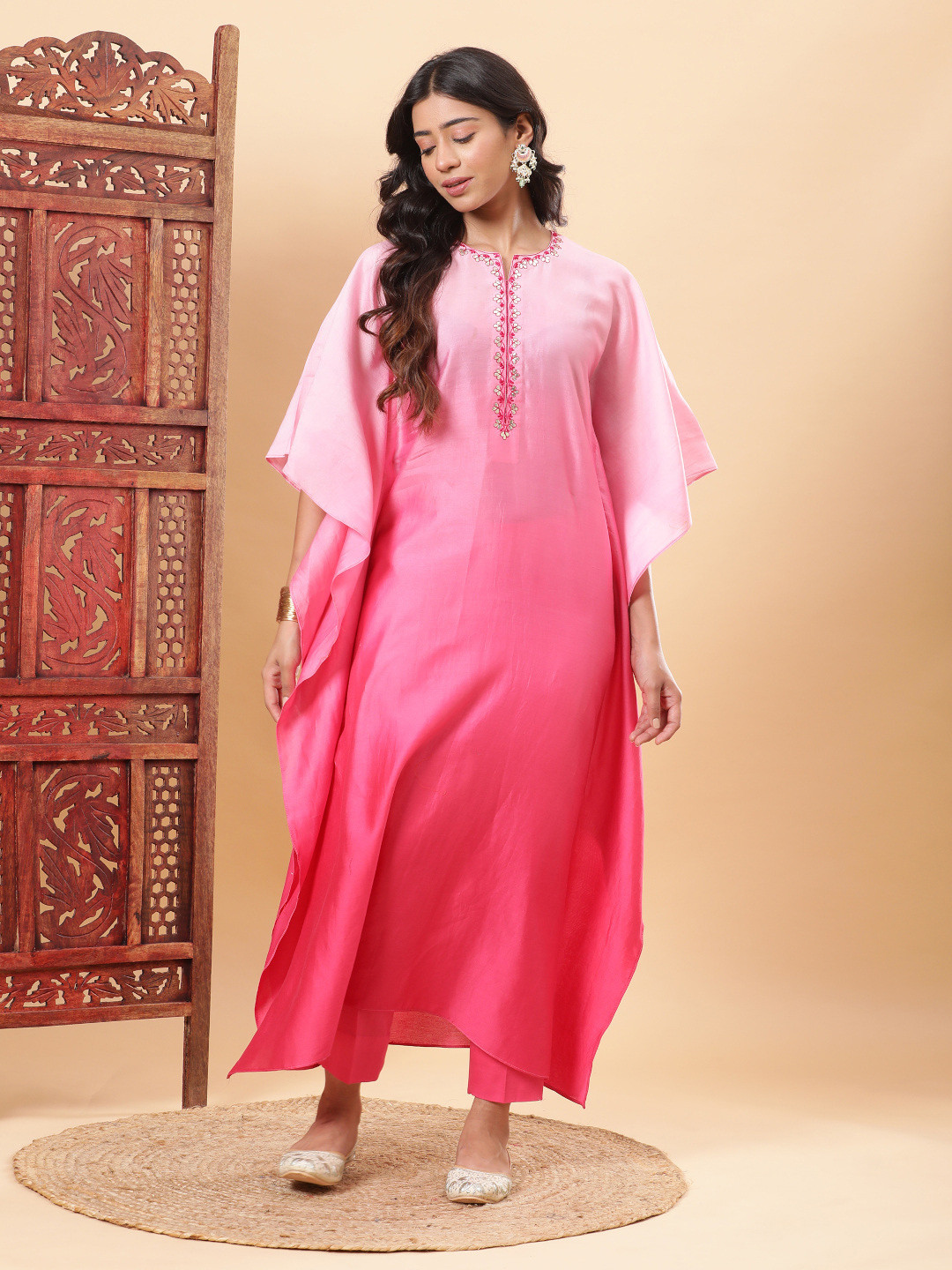 

BohoJazz Ombre Embroidered Kaftan with Pant, Pink