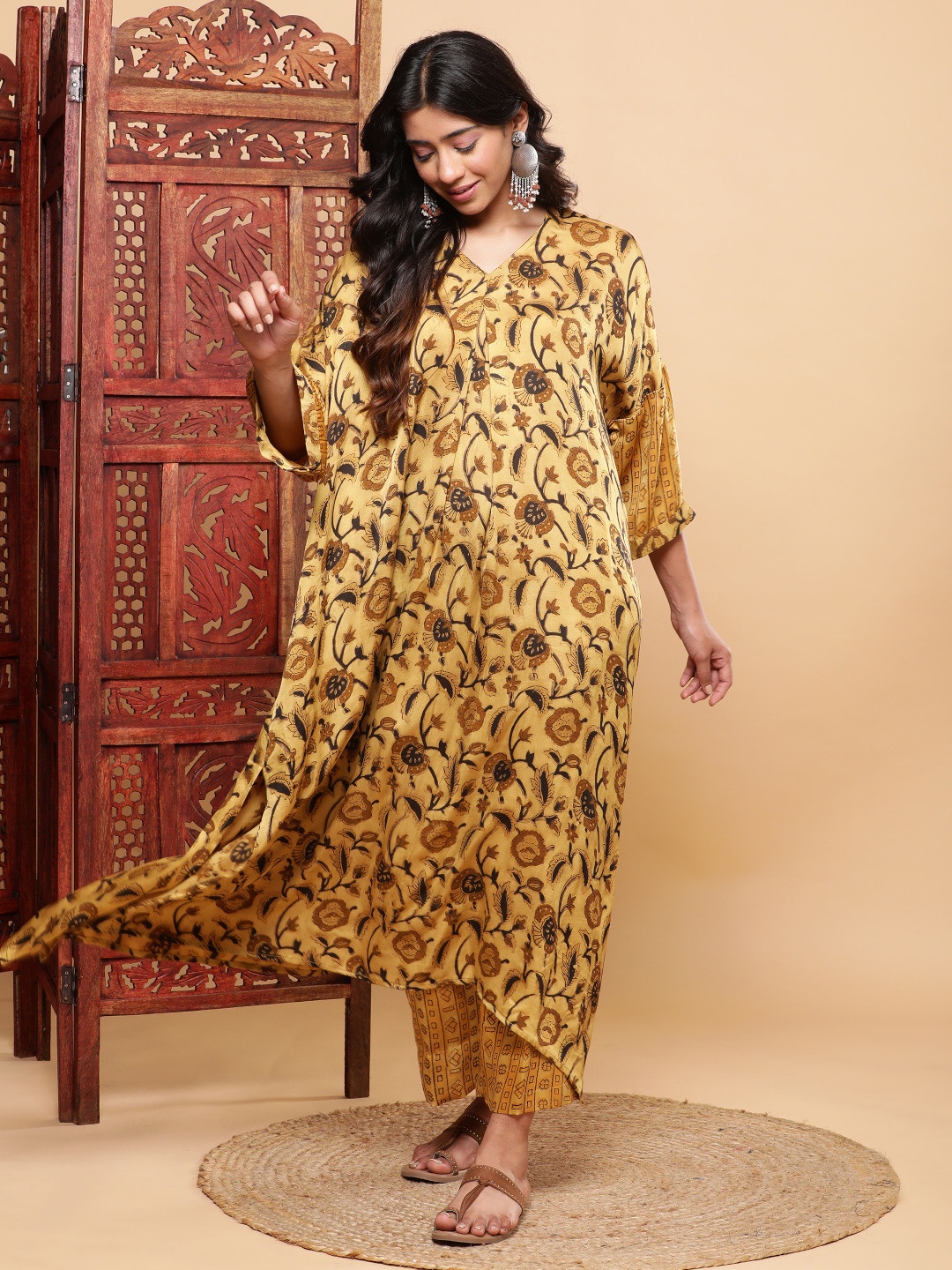 

BohoJazz Vegetable Dye Flowy Modal Pure Silk Kaftan Kurta with Pants, Mustard