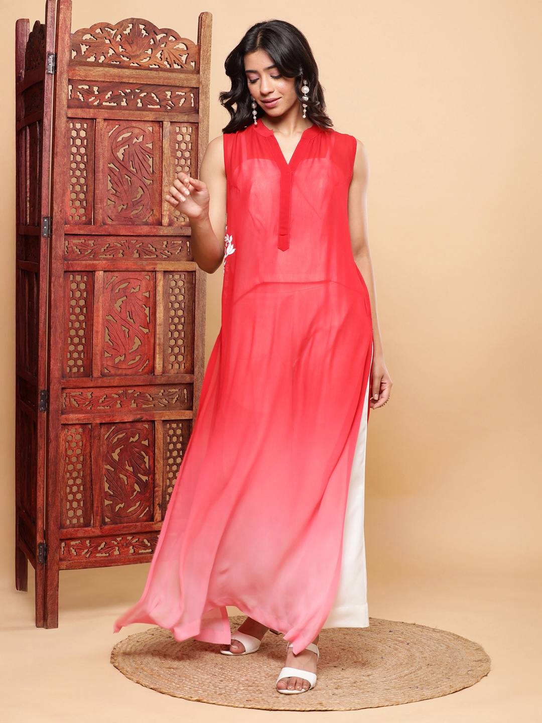 

BohoJazz Signature Ombre Kurta with White Co-ords, Red
