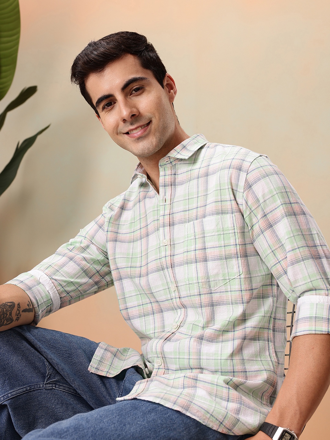

Mast & Harbour Men Standard Checked Pure Cotton Casual Shirt, Green