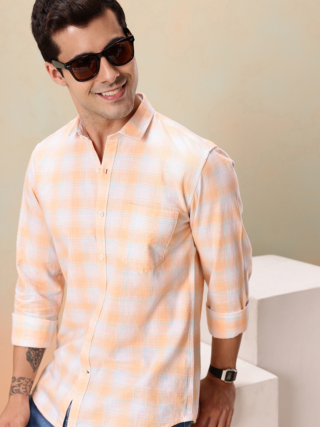 

Mast & Harbour Men Standard Checked Pure Cotton Casual Shirt, Orange