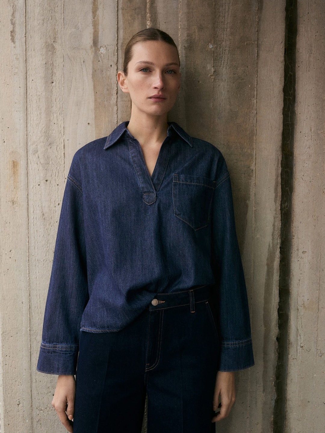 

MANGO Pure Cotton Denim Shirt Style Top, Navy blue