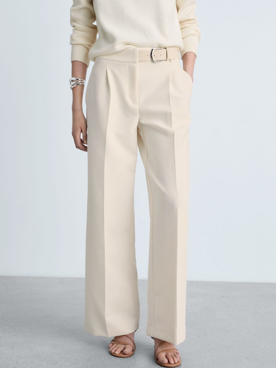 

MANGO Women Pleated Trousers With Belt Detail, White