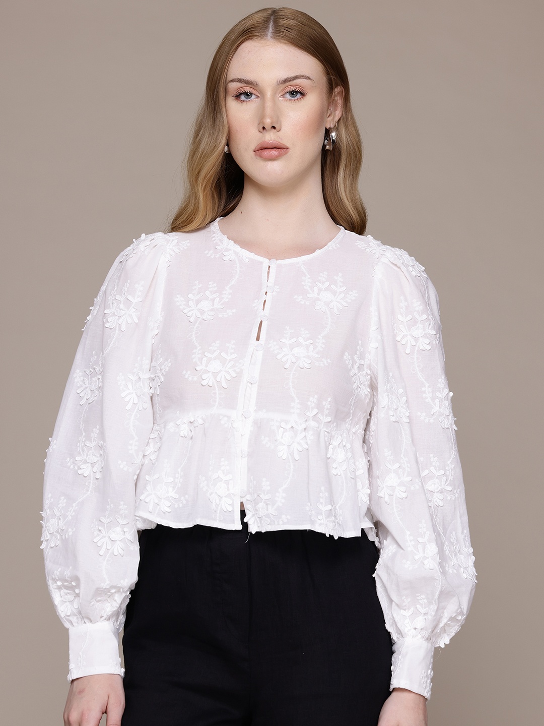 

MANGO Floral Embroidered Cotton Top, White